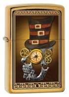Zippo Brush Brass Industrial Machinery Skull with Top Hat Lighter (Gold, 5 1/2x 3 1/2-Cm)