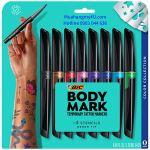 BodyMark by BIC, Temporary Tattoo Marker, Skin Safe, Flexible Brush Tip, Long-Lasting, Assorted Colors, 8-Pack